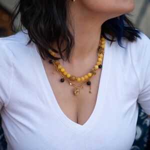 7 Charm Gold Necklace with Volcanic stone beads